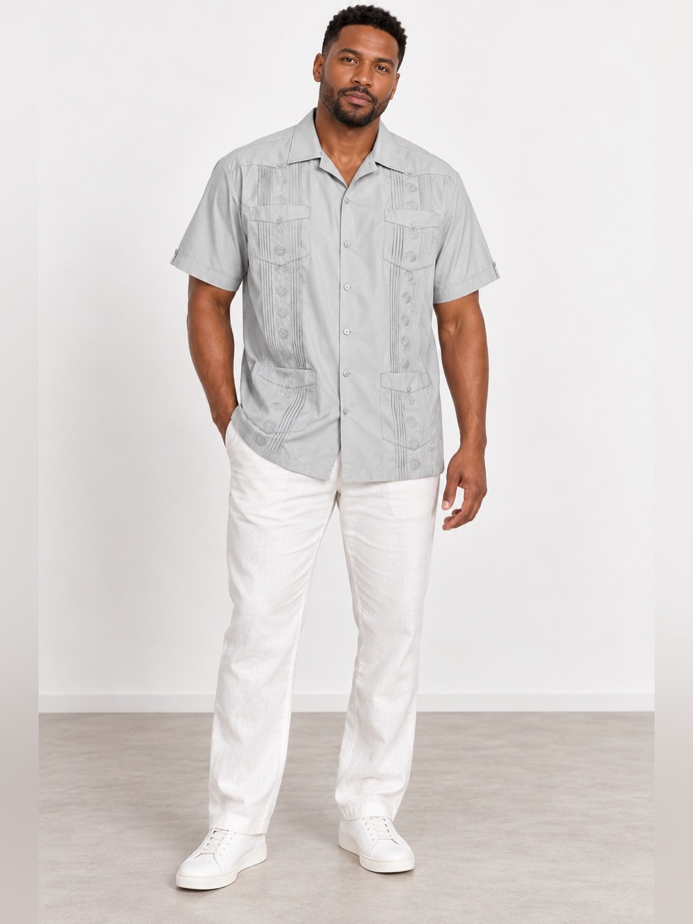 Men KingSize KS Island Guayabera button down shirt gray cotton pocket LARGE TALL